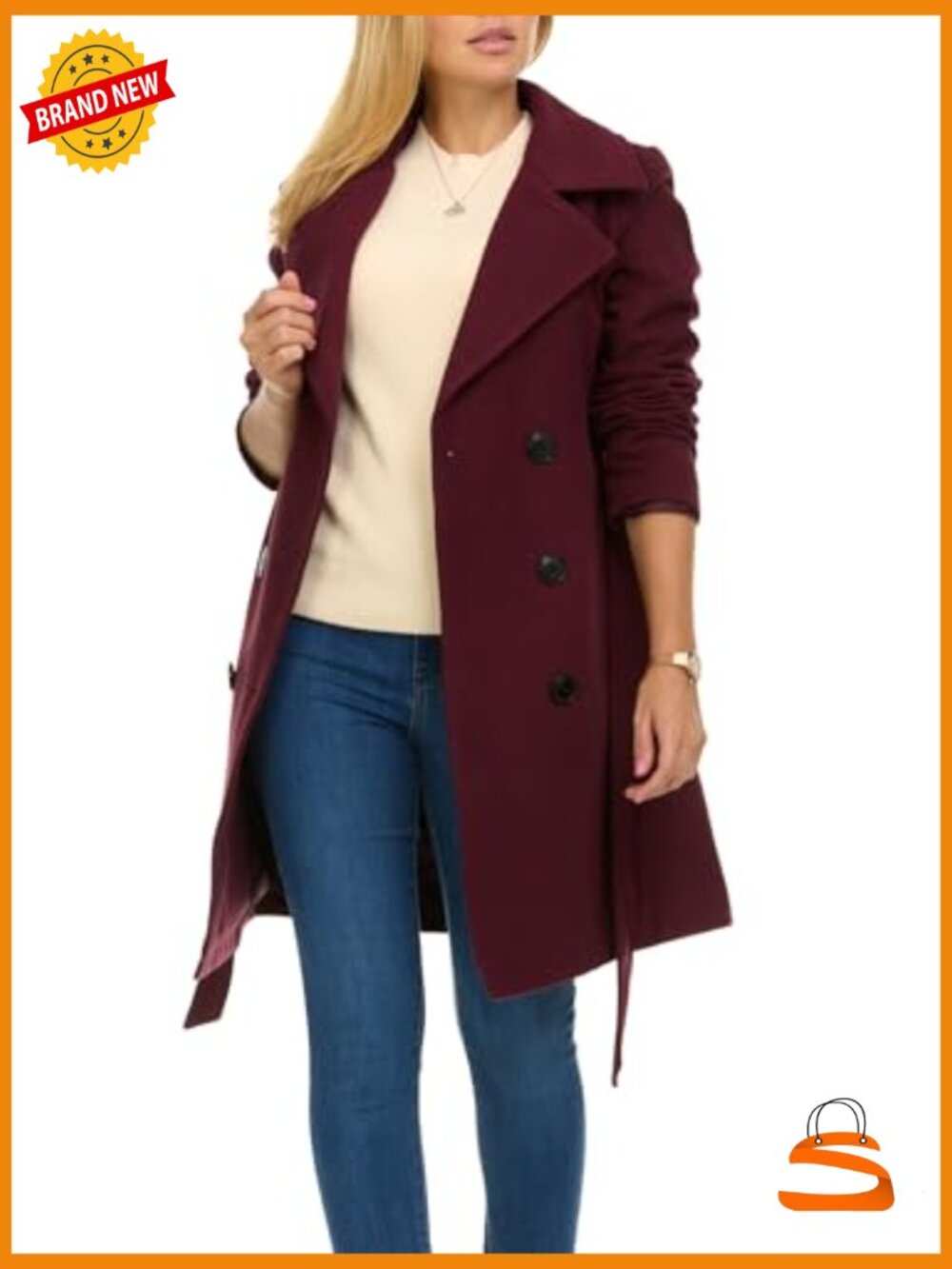 Double-Breasted Faux Wool Trench Coat Structured Fit - Picture 2 of 7